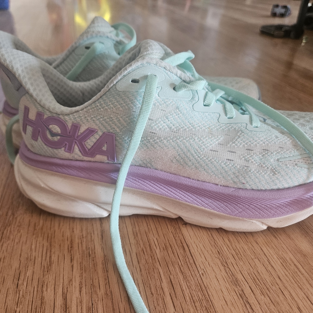 Hoka Clifton 9 Mint and Purple Running Shoes